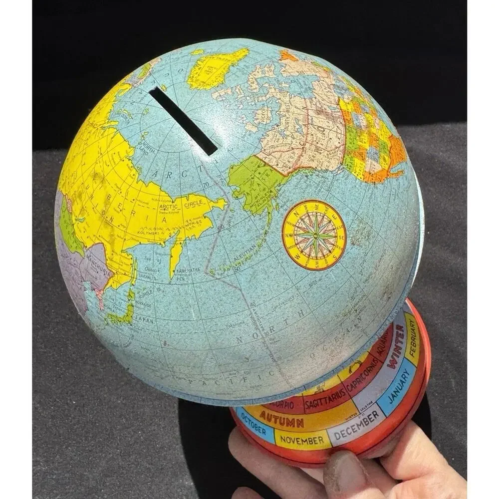 Vintage Metal Globe Coin Bank By Ohio Art Co with Months Seasons Zodiac Signs